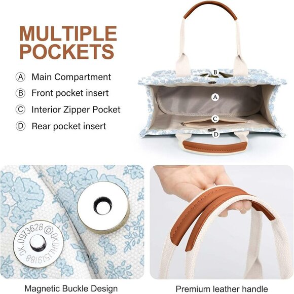 Stylish Blue Floral Tote Bag with Leather Handles - Durable Canvas Everyday Use - Picture 3 of 6